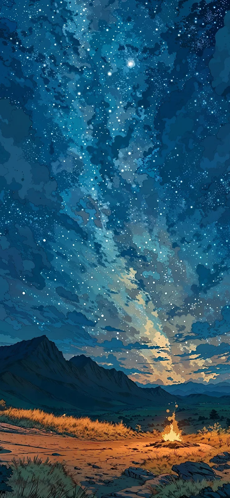 Campfire Under The Vibrant Night Sky - Anime Digital Art 2K iPhone Wallpaper (1890x4094)