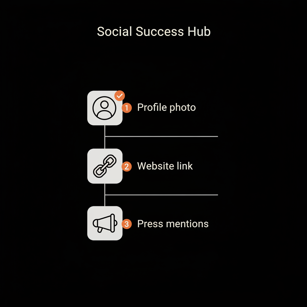 Minimal vector checklist infographic with icons for profile photo, website link, and press mentions on black background using Social Success Hub colors — How to get Twitter verified