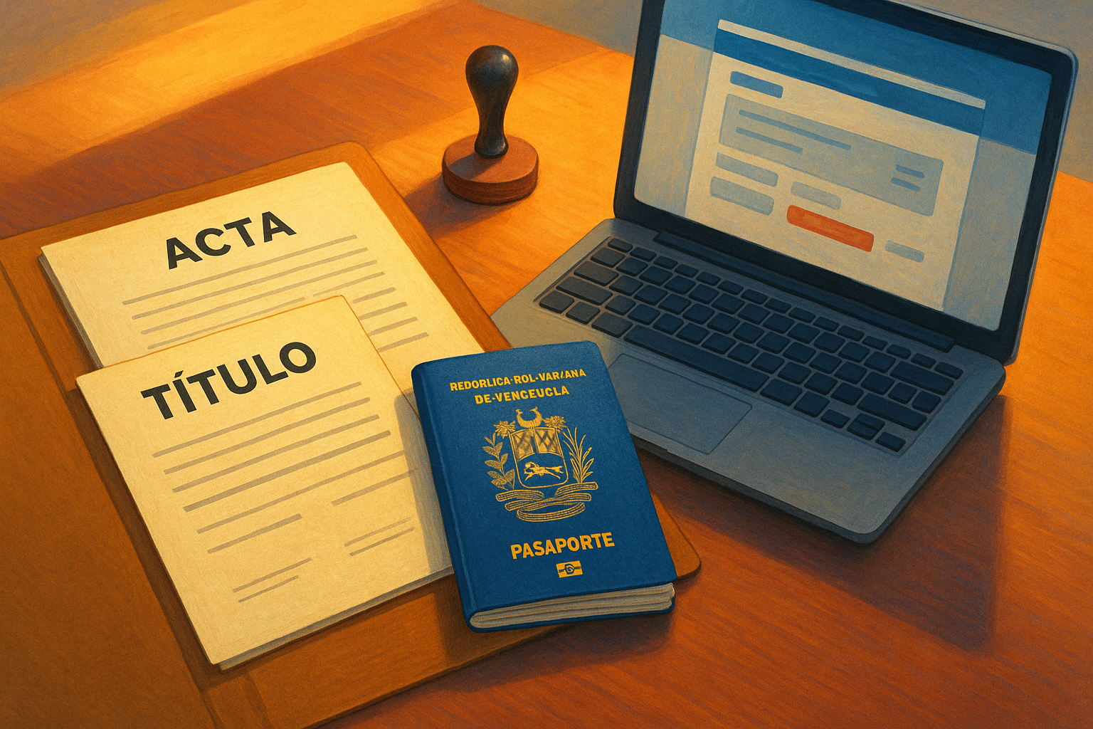 Carpeta de documentos y pasaporte venezolano para apostilla en el exterior