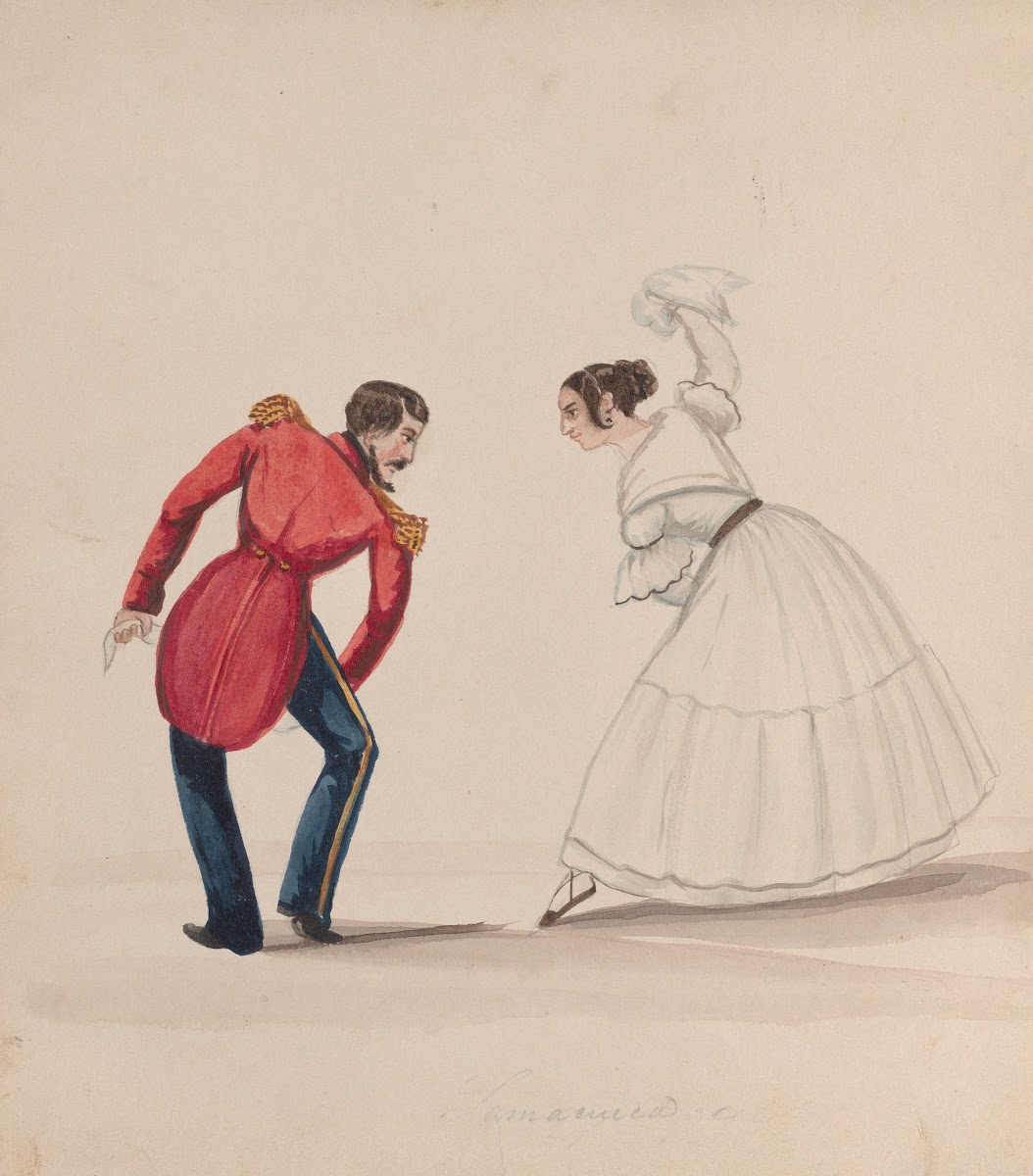 A man and woman dancing the Zamacueca ca 1848
