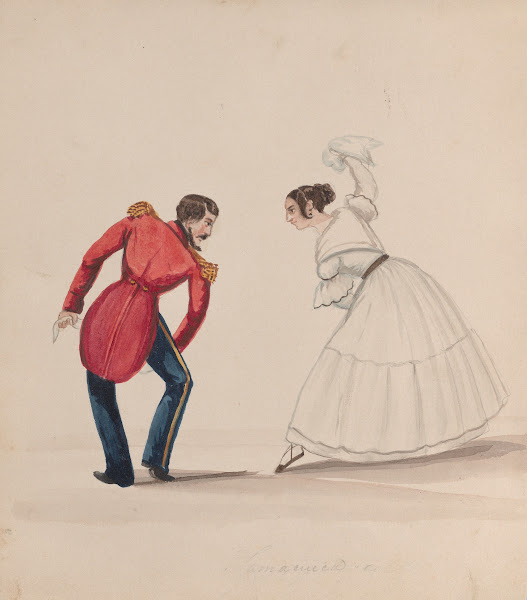 A man and woman dancing the Zamacueca ca 1848