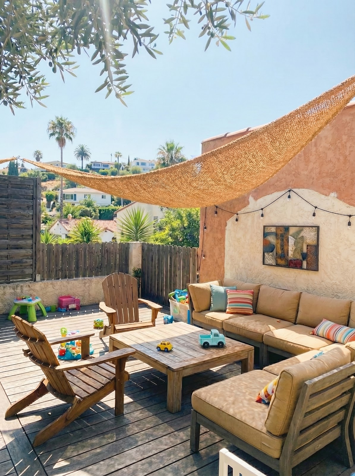 Angled coir shade sail for backyard privacy and sun protection