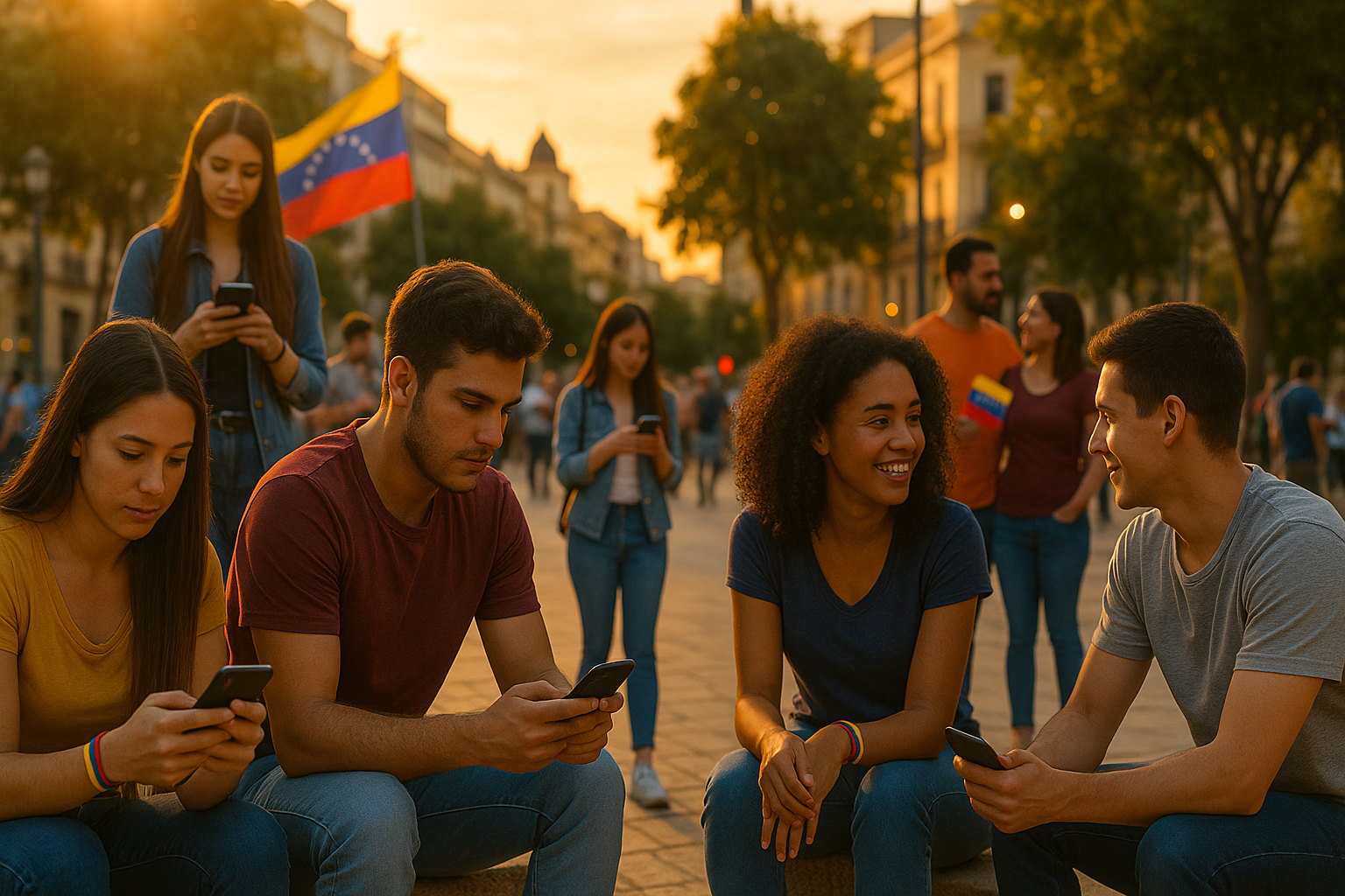 Venezolanos en el exterior reunidos en una plaza, coordinándose desde sus teléfonos con banderas tricolor al fondo