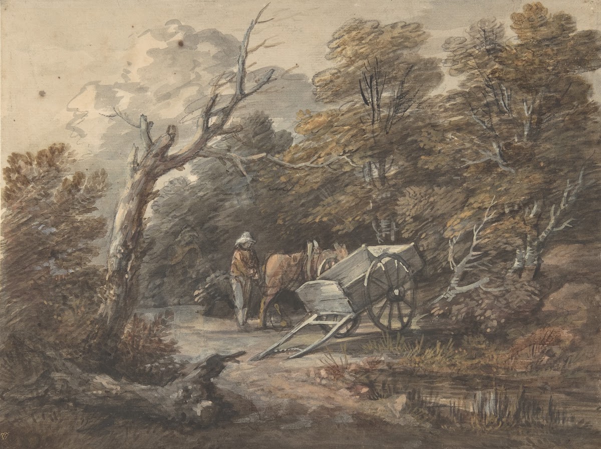 Woodland Scene with a Peasant a Horse and a Cart ca 1760