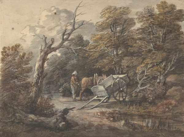 Woodland Scene with a Peasant a Horse and a Cart ca 1760