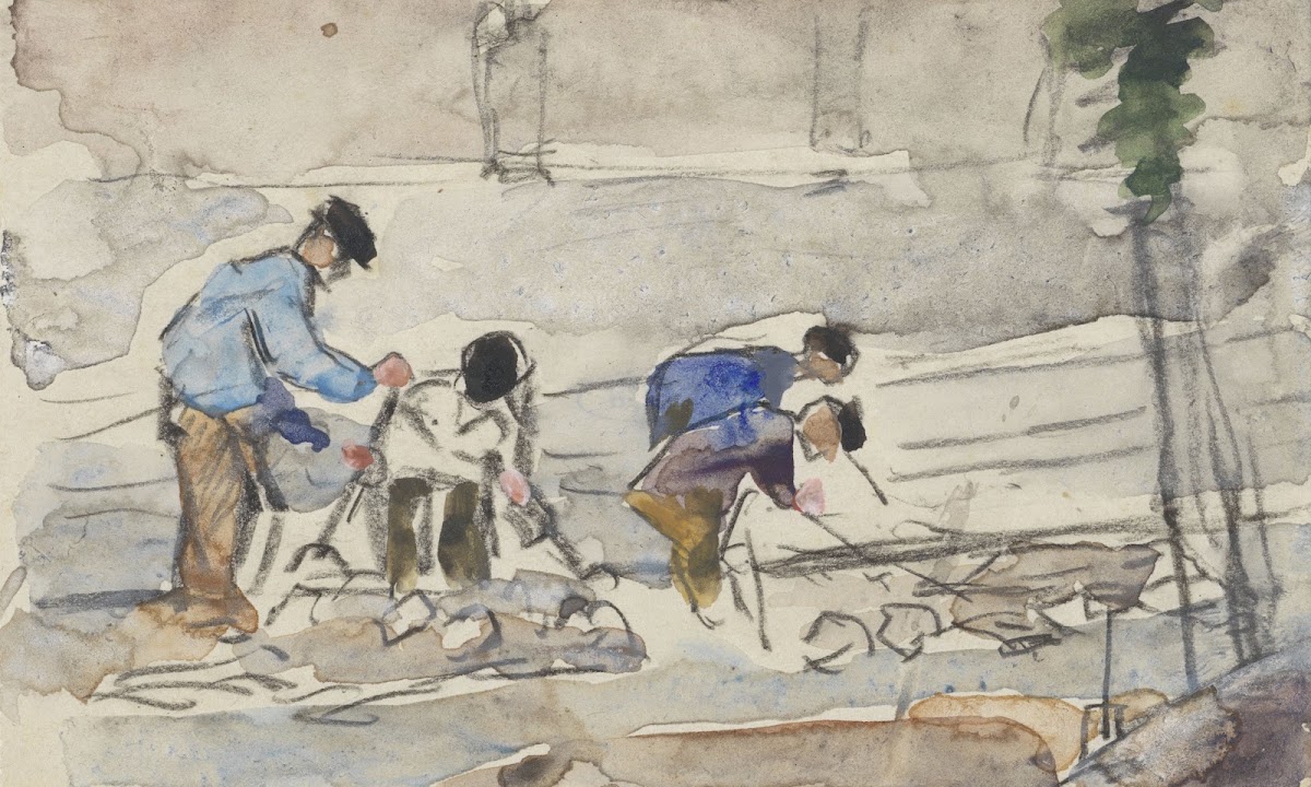 Vier werklieden bezig met grondwerkzaamheden 1860   1921