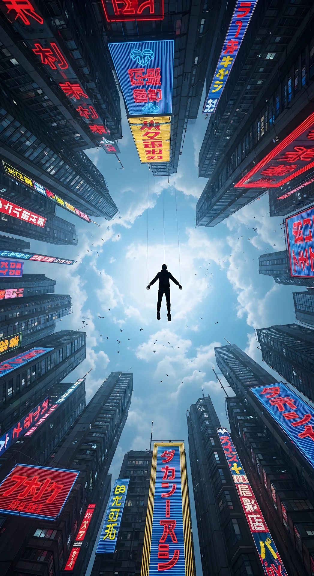 Cyberpunk City Canyon View with Floating Figure and Neon Signs - Free 4K mobile Wallpaper