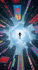 Cyberpunk City Canyon View with Floating Figure and Neon Signs