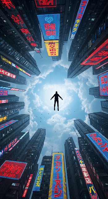 Cyberpunk City Canyon View with Floating Figure and Neon Signs - Free mobile Wallpaper