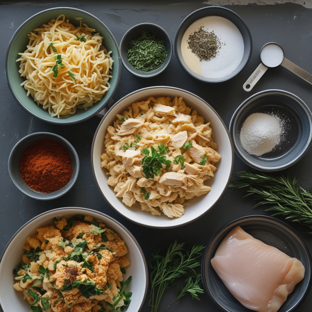 Ingredients for High-Protein Chicken Alfredo Bake for Easy Low-Carb Meal Prep with Creamy Garlic Sauce