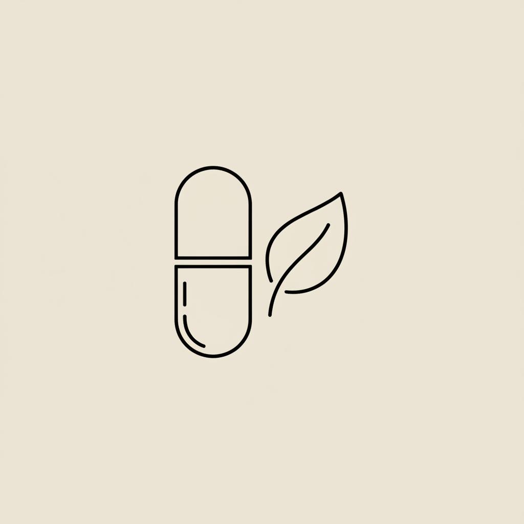 Minimal Tonum-style line illustration of a capsule and small leaf on beige background, symbolizing clinical vs natural approaches — phentermine vs berberine.