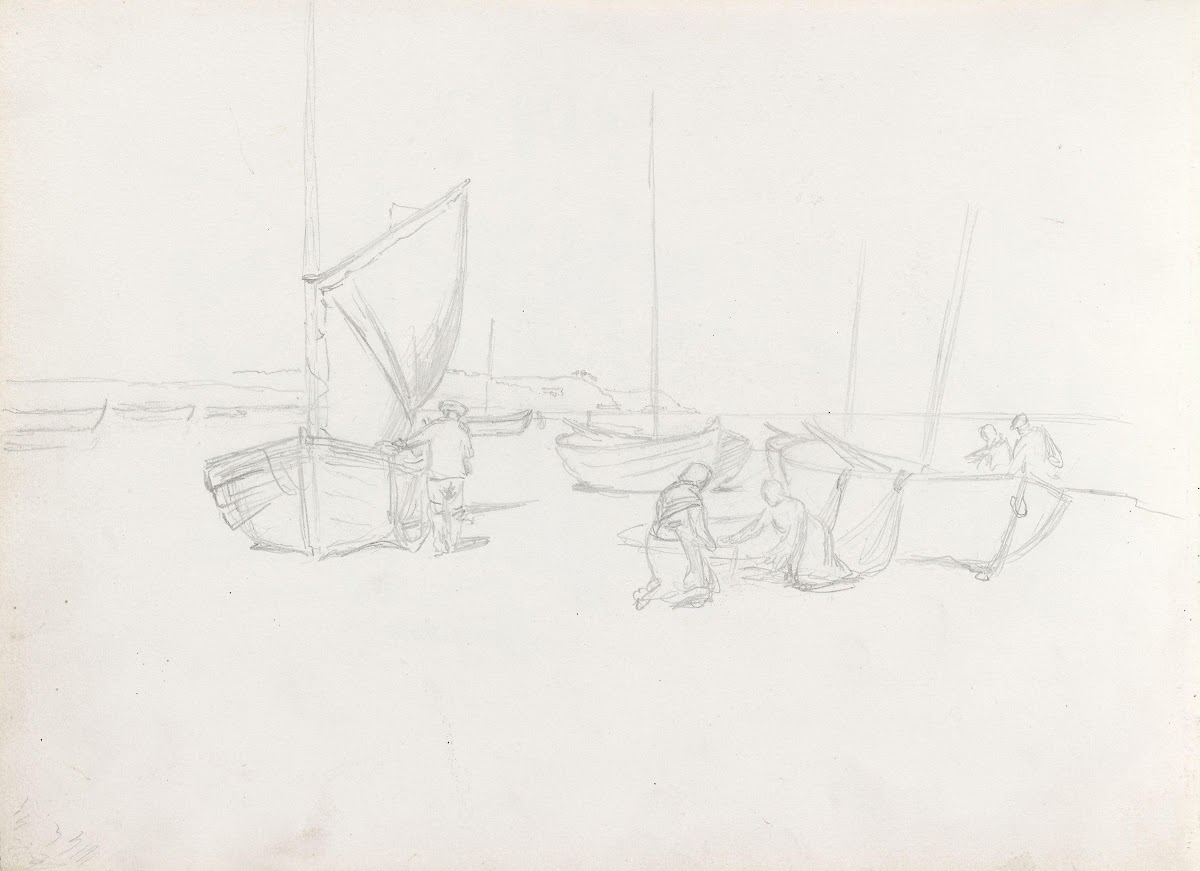 Figurer og båter på stranden 1885