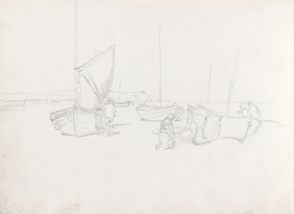 Figurer og båter på stranden 1885