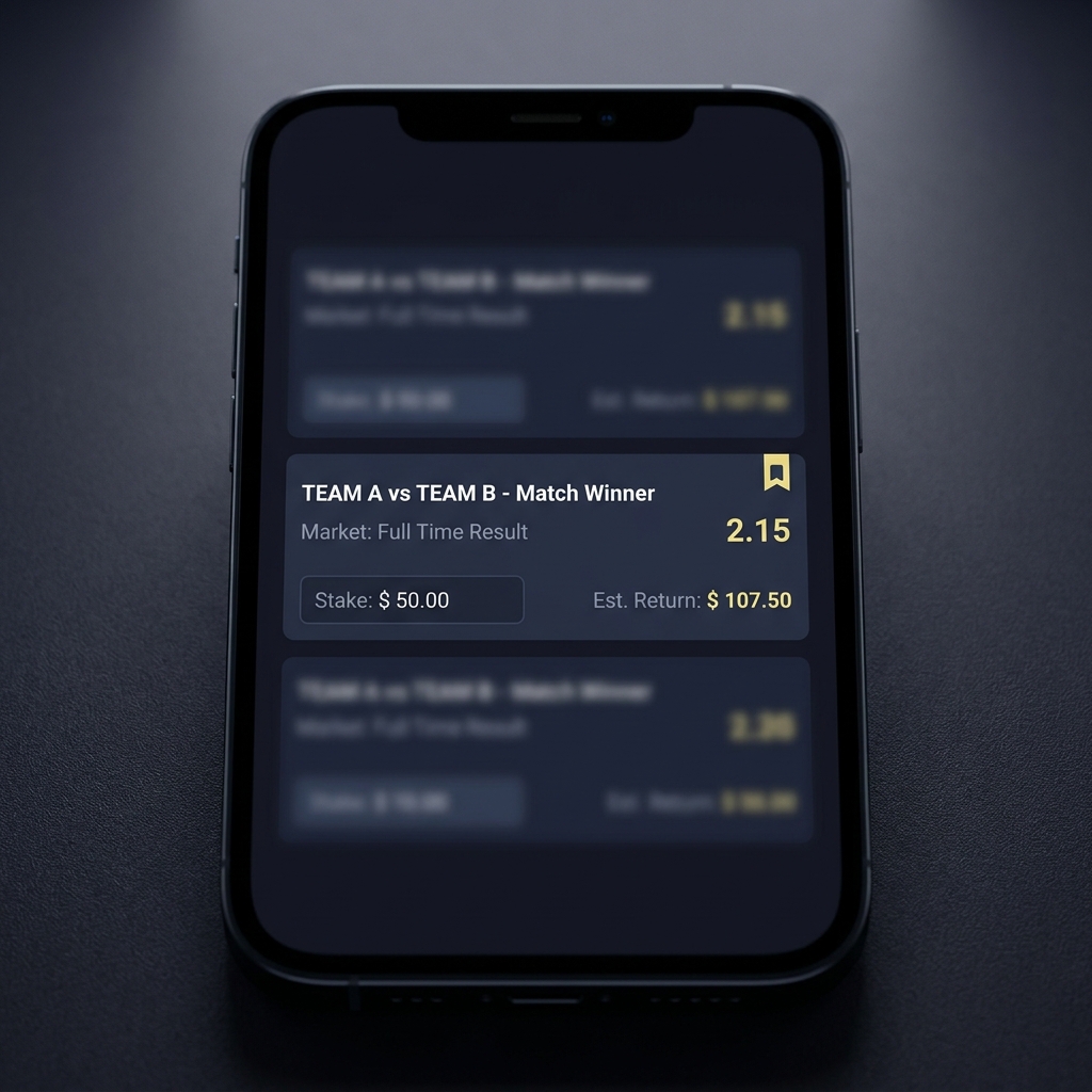 Close up of a bet slip app on a smartphone showing one bet line with odds stake entry calculated return and a bookmark icon indicating a saved receipt