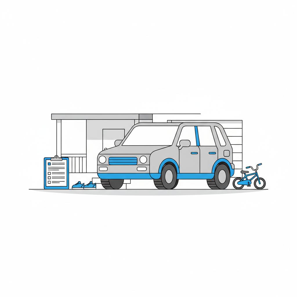 Minimalist flat vector of a generic SUV in a driveway with a clipboard showing a printed vehicle history report and family items suggesting inspection, used lexus for sale