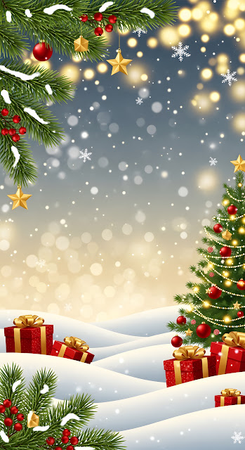 Festive Christmas Snow Scene Gifts Pine Boughs - Free mobile Wallpaper