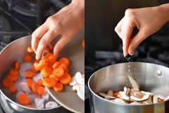 Bắc nồi lên bếp, cho dầu ăn vào đun nóng rồi thả hành tím, cà rốt, nấm hương vào xào thơm, sau đó cho thêm muối vào. Xào thêm cho nấm mềm trong khoảng 5-10 phút.