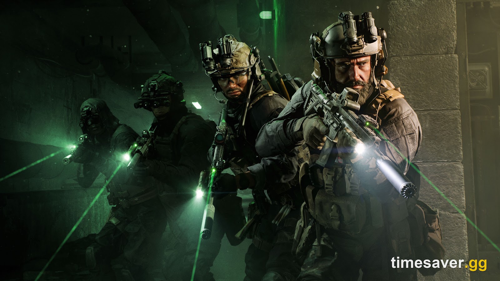 Battlefield 6 screenshot of four soldiers in helmets and body armor advancing through a dark interior with night-vision devices and suppressed rifles fitted with green laser sights