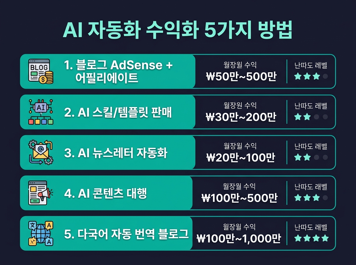 AI 자동화 수익화 5가지 방법 — AdSense, 스킬 판매, 뉴스레터, 콘텐츠 대행, 다국어 블로그 수익 비교