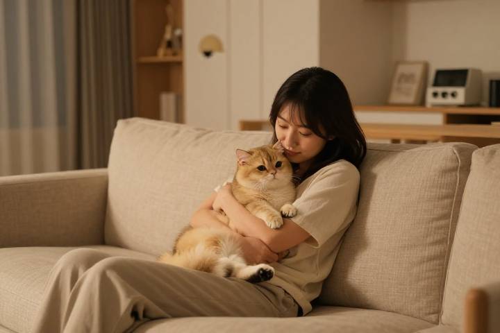 部屋のソファで猫を抱きしめてリラックスする女性