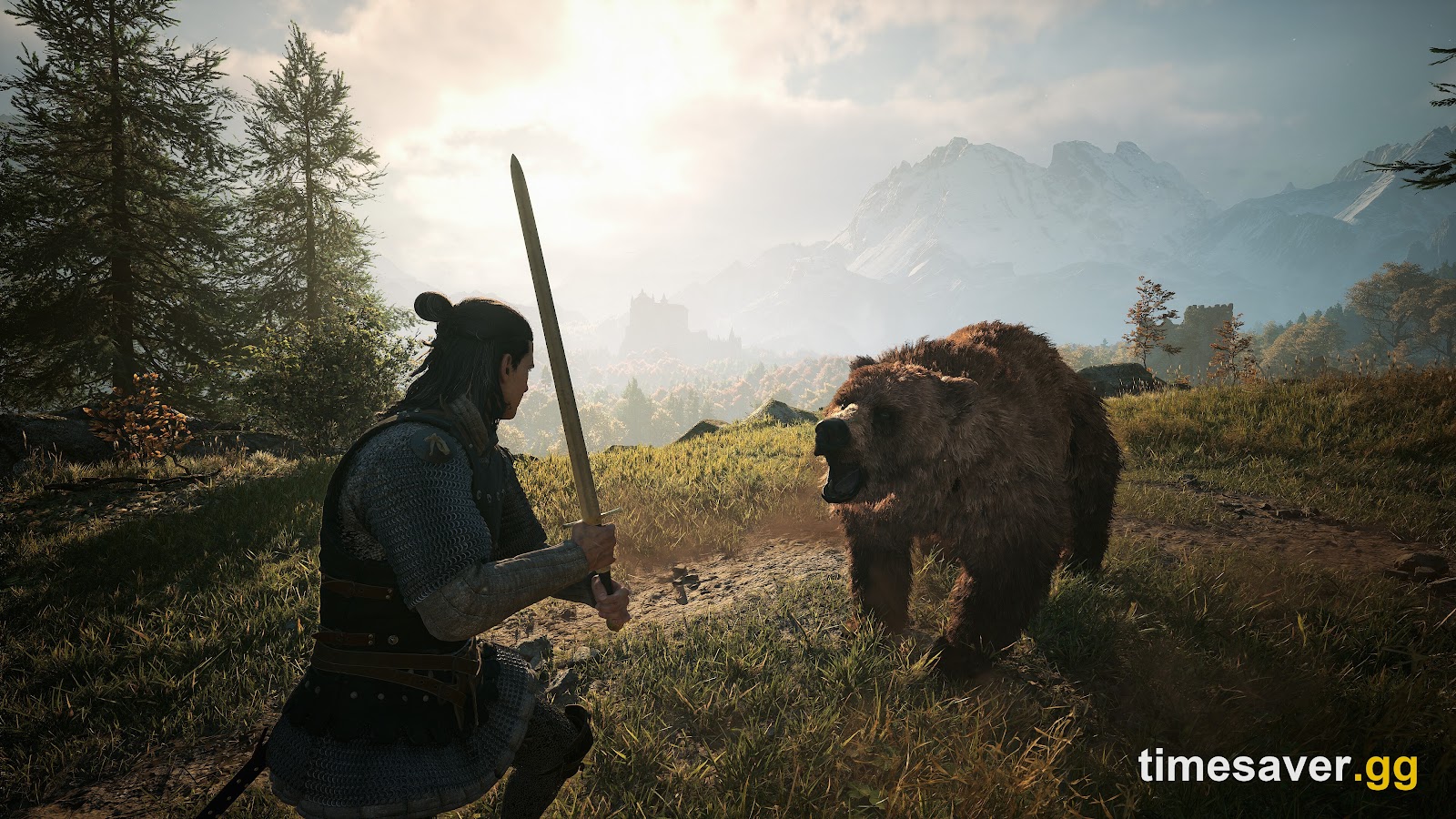 Coen draws a sword against a bear in daylight in The Blood of Dawnwalker