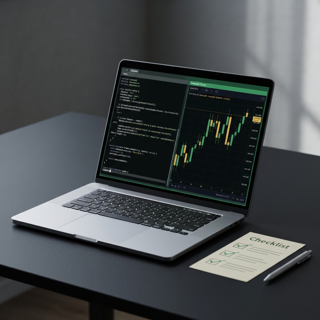 Close up laptop with code and candlestick charts beside a small printed checklist minimalist Finance Police style on dark background ai crypto trading