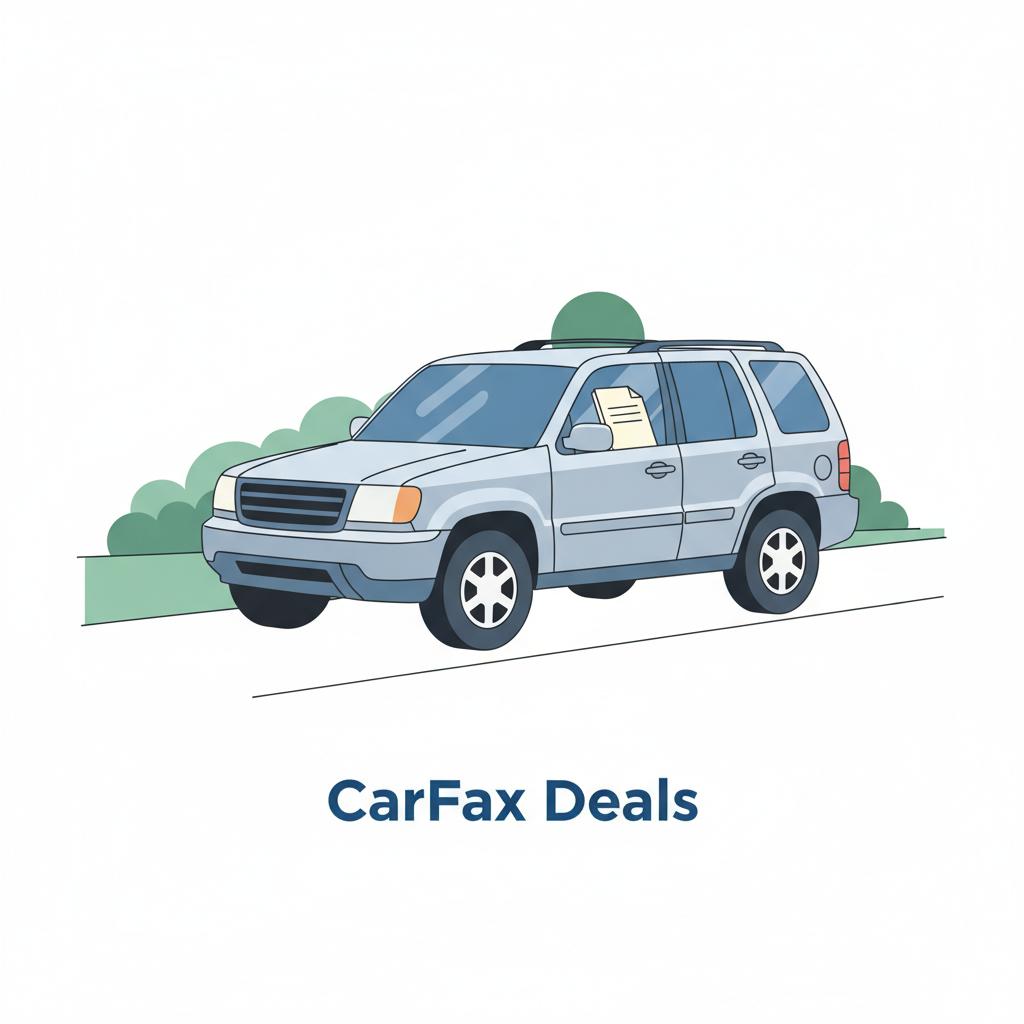 Minimal 2D vector of a suburban driveway with a well maintained used SUV and a visible plain service record folder on the passenger dashboard for the most accurate car value site