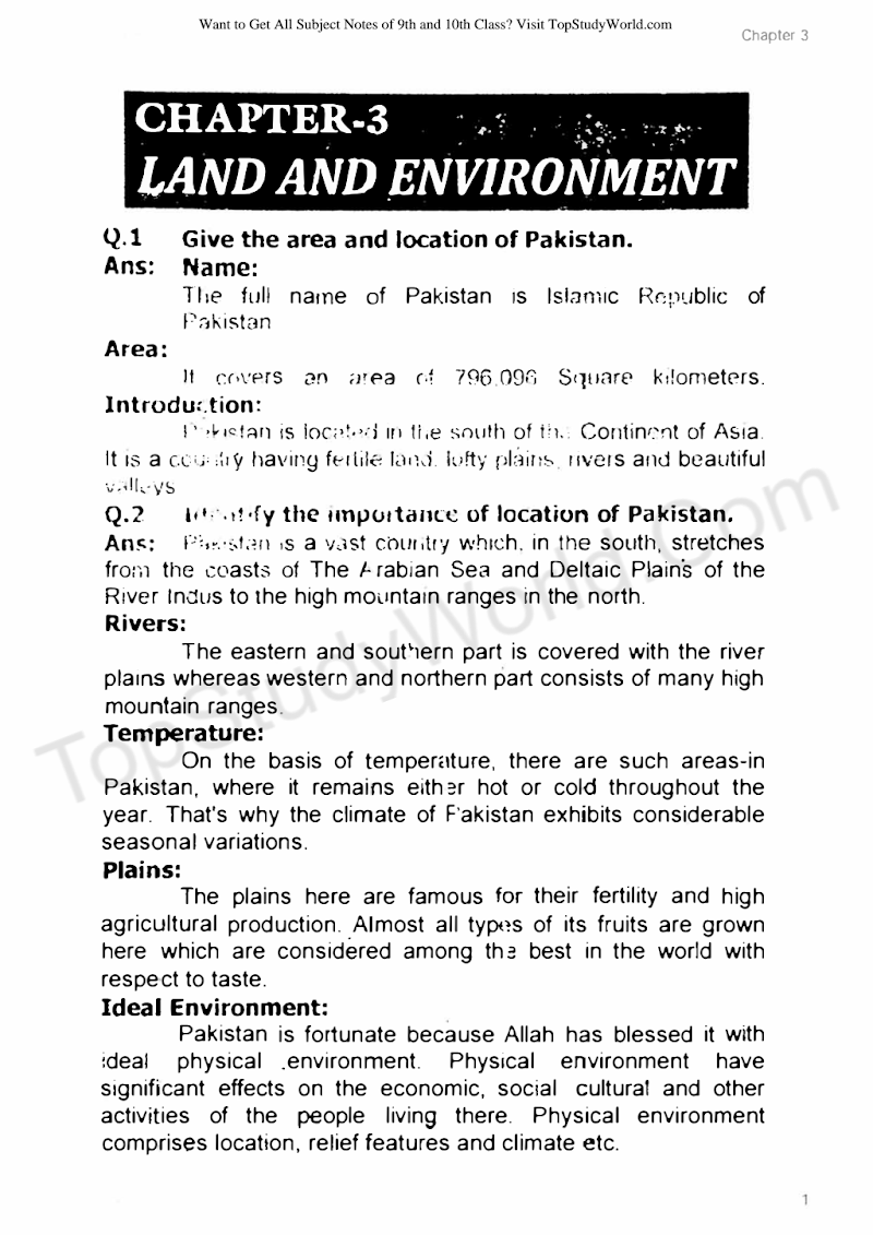 FBISE Class 9 Chapter 3  Land and Environment