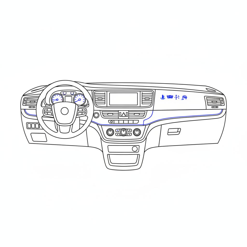 Minimalist 2D vector close up of a minivan dashboard with blue active safety indicator lights on white background ideal for minivans for sale imagery