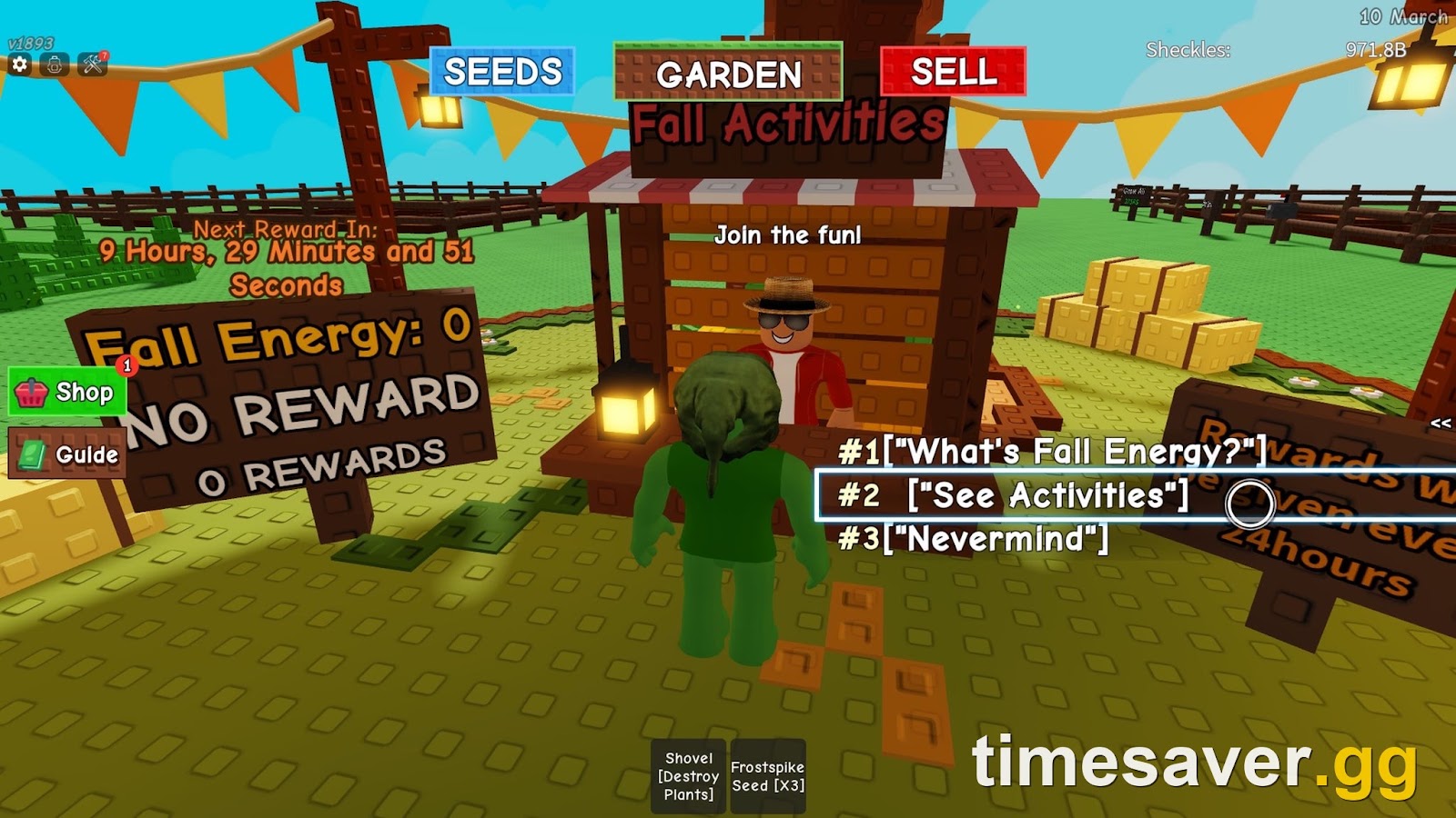 The Fall Activities NPC dialogue, showing the "What's Fall Energy?" and "See Activities" options