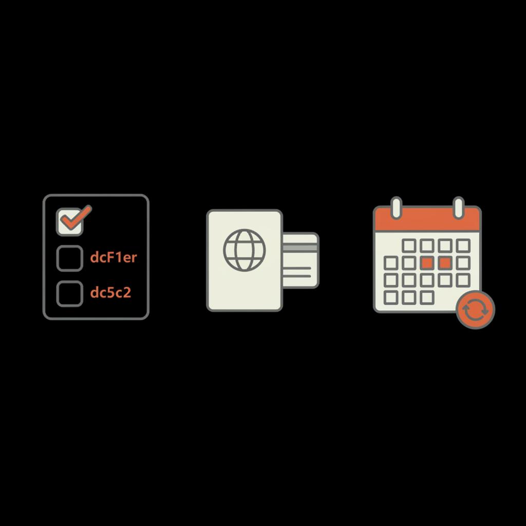 Minimal 2D vector infographic of a checklist, passport/ID icon, and calendar representing monthly subscription and Instagram verification price on a black background.