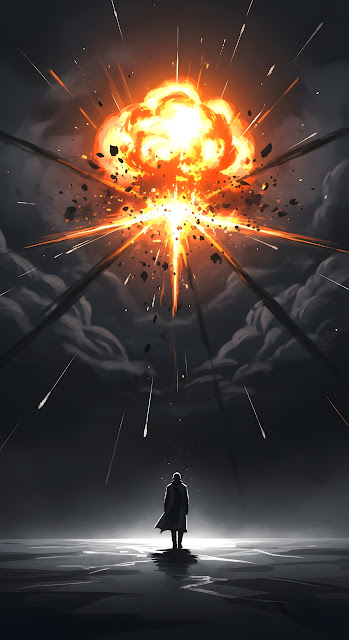 Lone Figure Witnessing Apocalyptic Sky Explosion Digital Art - Free mobile Wallpaper