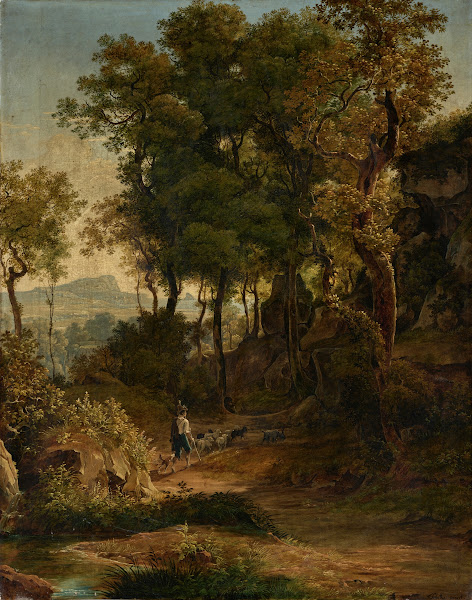 Shepherd with his flock on a wooded path 1821