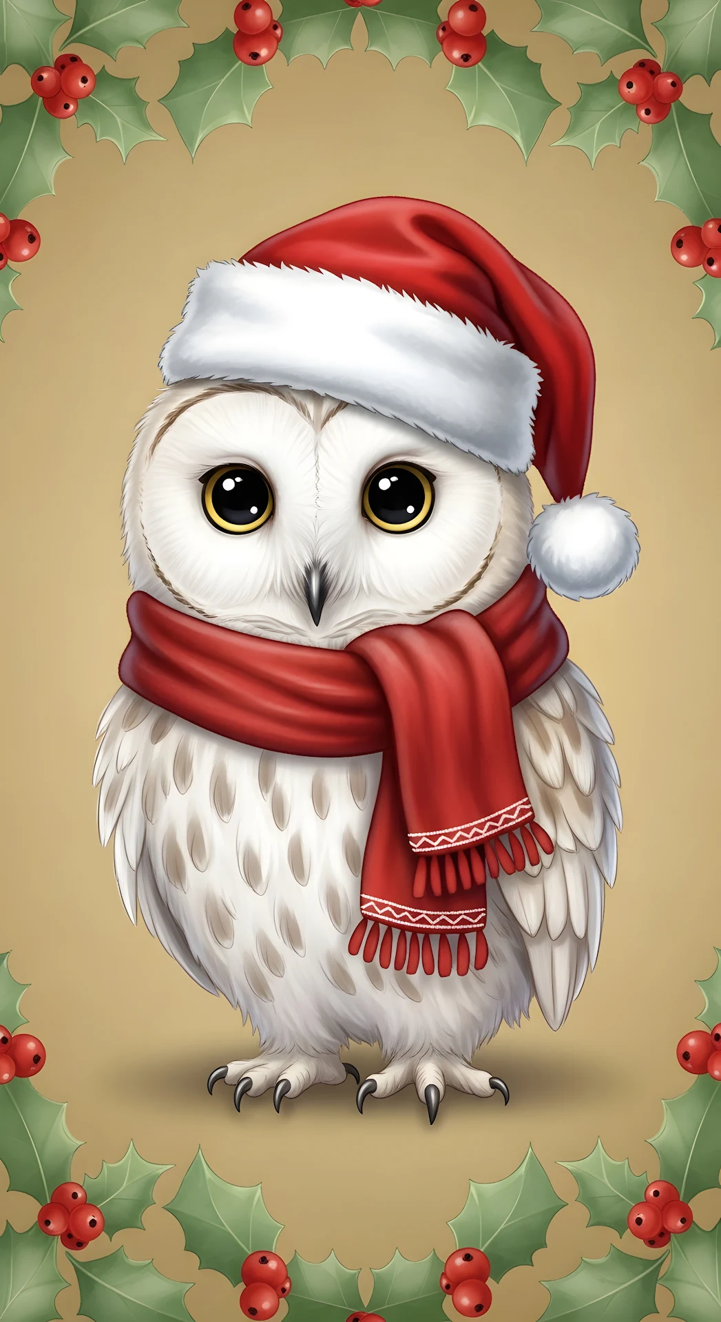 Festive Snowy Owl Portrait Red Santa Hat Holly Border Art - Free 4K mobile Wallpaper