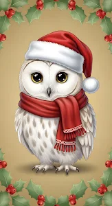 Festive Snowy Owl Portrait Red Santa Hat Holly Border Art