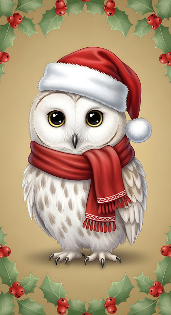 Festive Snowy Owl Portrait Red Santa Hat Holly Border Art - Free mobile Wallpaper