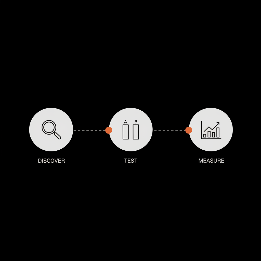 Minimal three-step hashtags tagging flow infographic with magnifying glass, A/B test bars and performance chart on black background with grey and orange accents