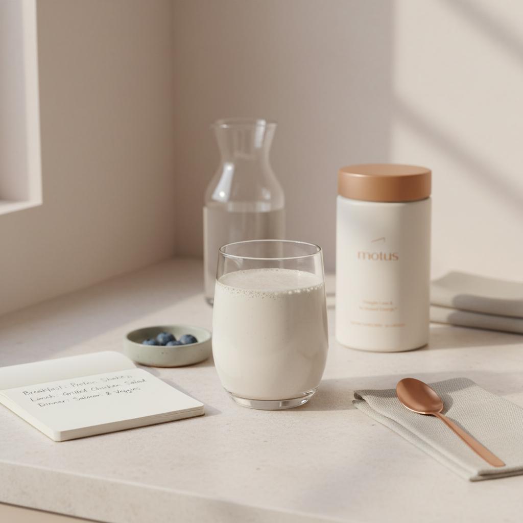 Minimalist kitchen scene with a ready-to-drink protein shake in a glass and the Tonum Motus container on a countertop, conveying practical everyday nutrition — best protein shake for meal replacement