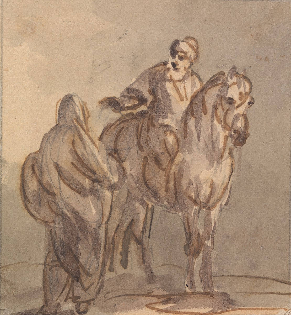 Two People One Standing One Seated on a Horse 1760