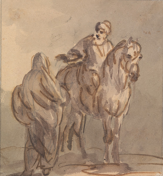 Two People One Standing One Seated on a Horse 1760