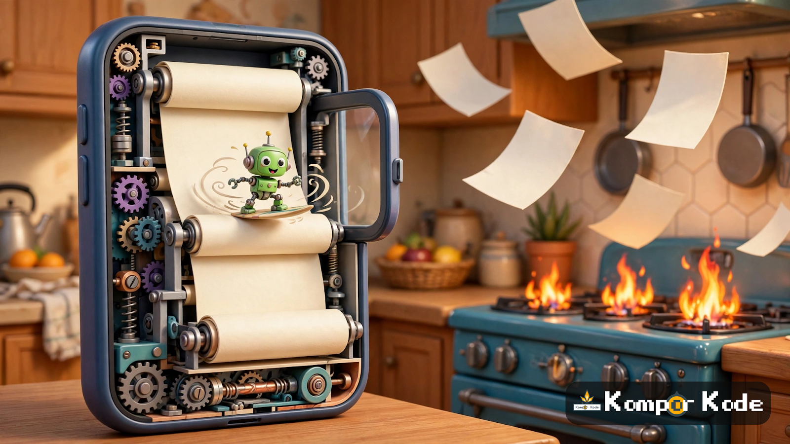 Ilustrasi konsep ScrollView, robot kecil berselancar di atas halaman yang bergulir