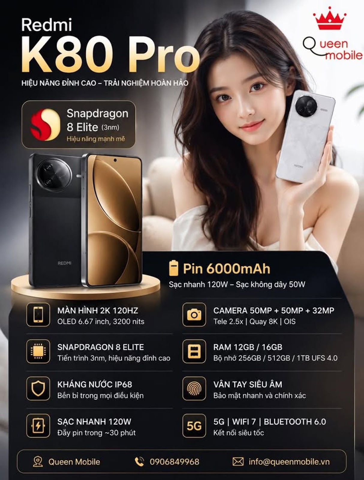 Thông Số Kỹ Thuật Redmi K80 Pro 

Hạng mục Thông số
Màn hình OLED 6.67 inch, độ ...