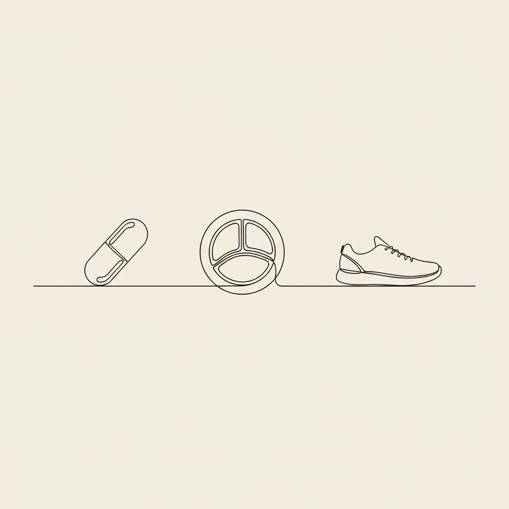 Minimal Tonum-style vector line illustration of a capsule, balanced plate and walking shoe on beige background, symbolizing tummy fat wellness