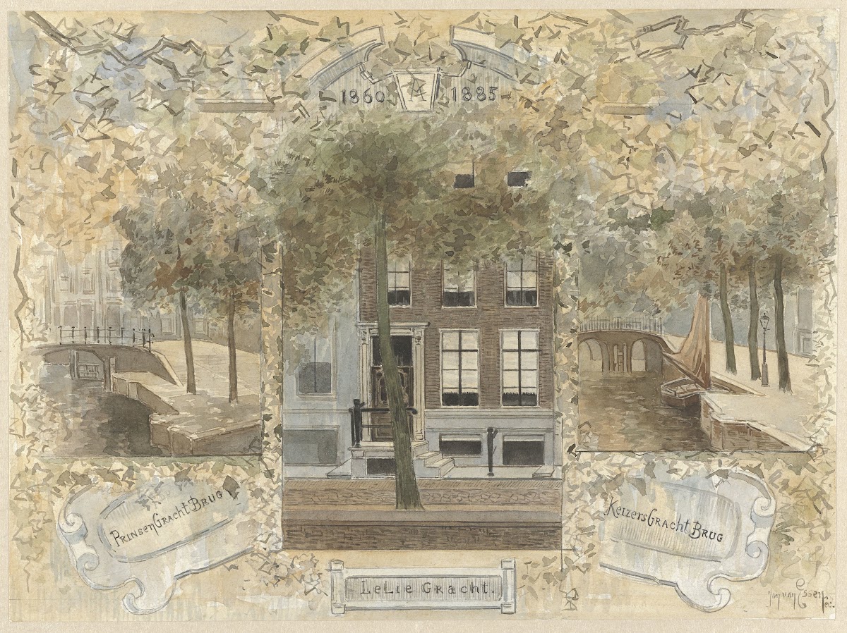 Huis op de Leliegracht geflankeerd door de bruggen over de Prinsengracht en de K