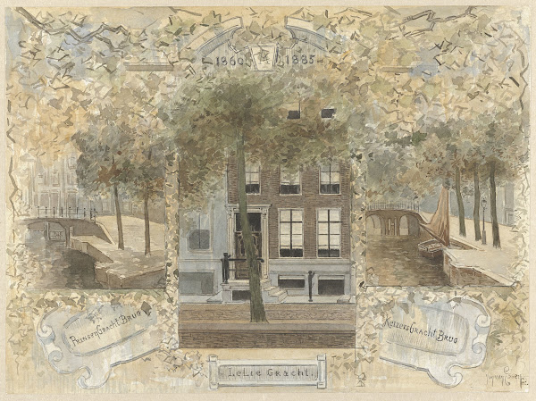 Huis op de Leliegracht geflankeerd door de bruggen over de Prinsengracht en de K