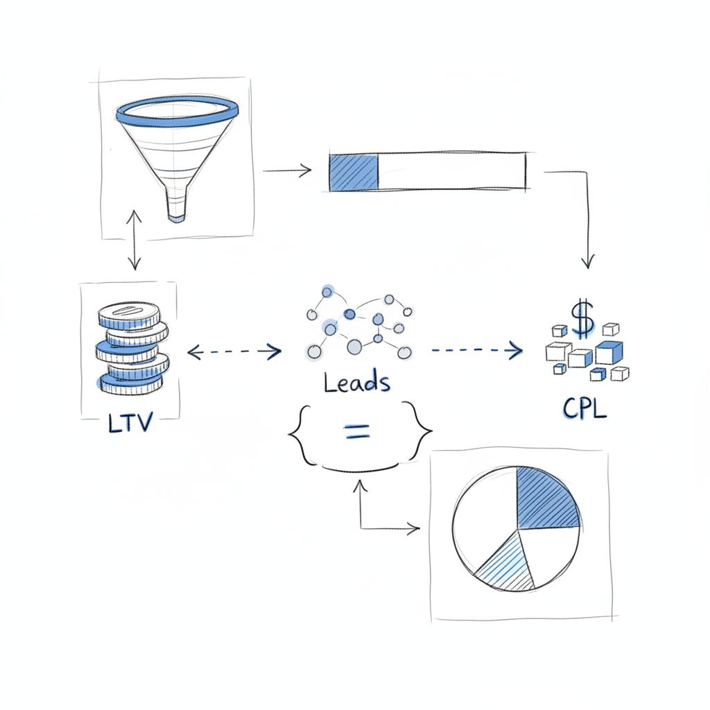 Close-up notebook sketch showing a visual LTV to CPL flow with coin stacks, lead dot clusters, funnel and charts illustrating lead generation cost
