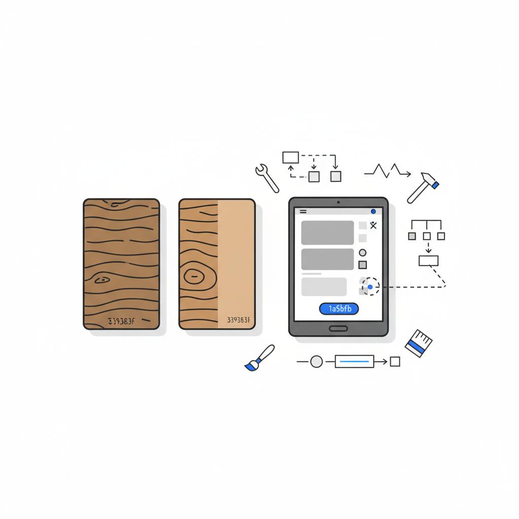 Notebook-style vector of before-and-after wooden sample boards next to a tablet showing a simplified mobile service page layout, illustrating how to create a handyman website