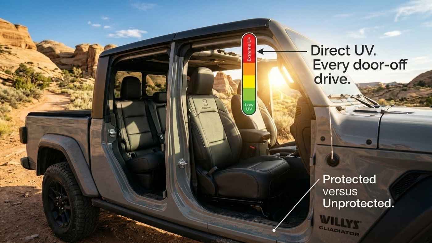 Door-off 2026 Jeep Gladiator showing direct UV exposure on factory seats and protected seating during open-air driving.