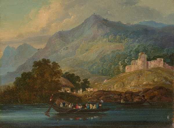 Hilly landscape with figures in a boat on the river Ganges