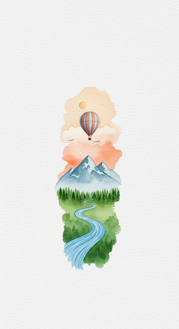 Minimalist Watercolor Hot Air Balloon Mountain River Illustration - Free mobile Wallpaper